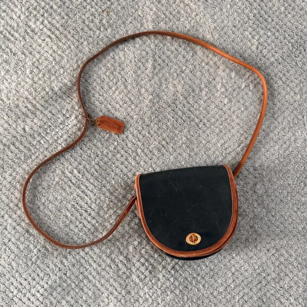 Coach Vintage Mini Half Moon Crossbody Spectator Bag Black W Brown Trim Leather - Picture 1 of 10